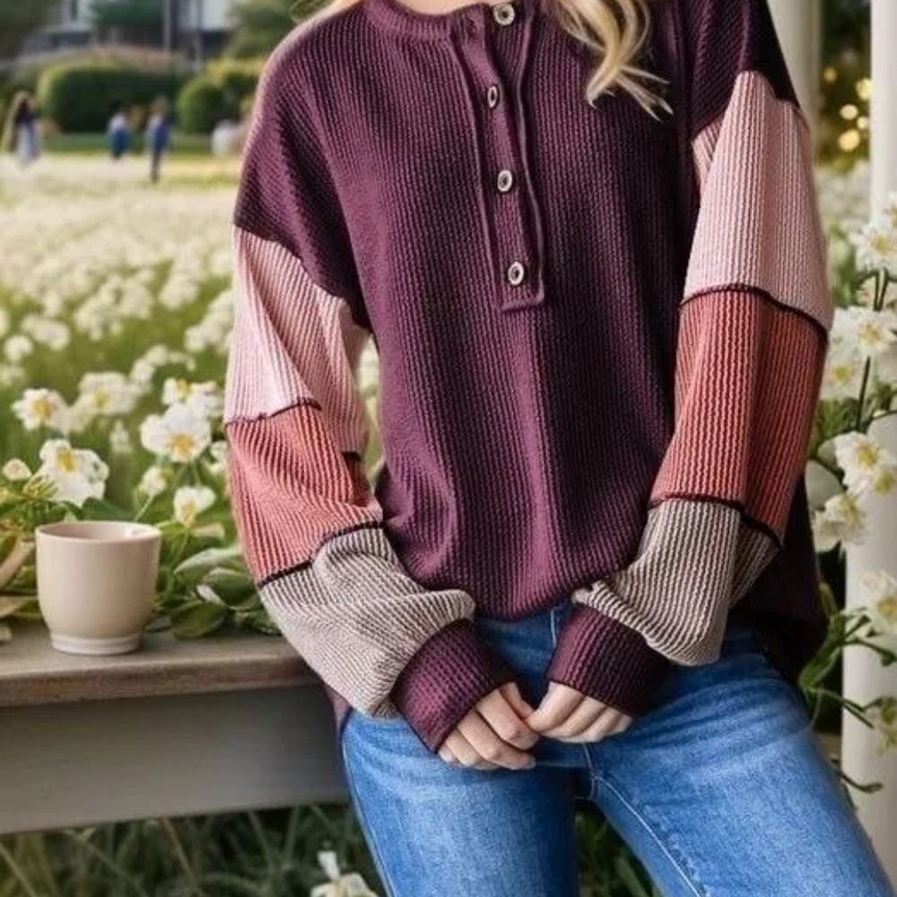 BiBi Burgundy and Pink Colorblock Long Sleeve Top
